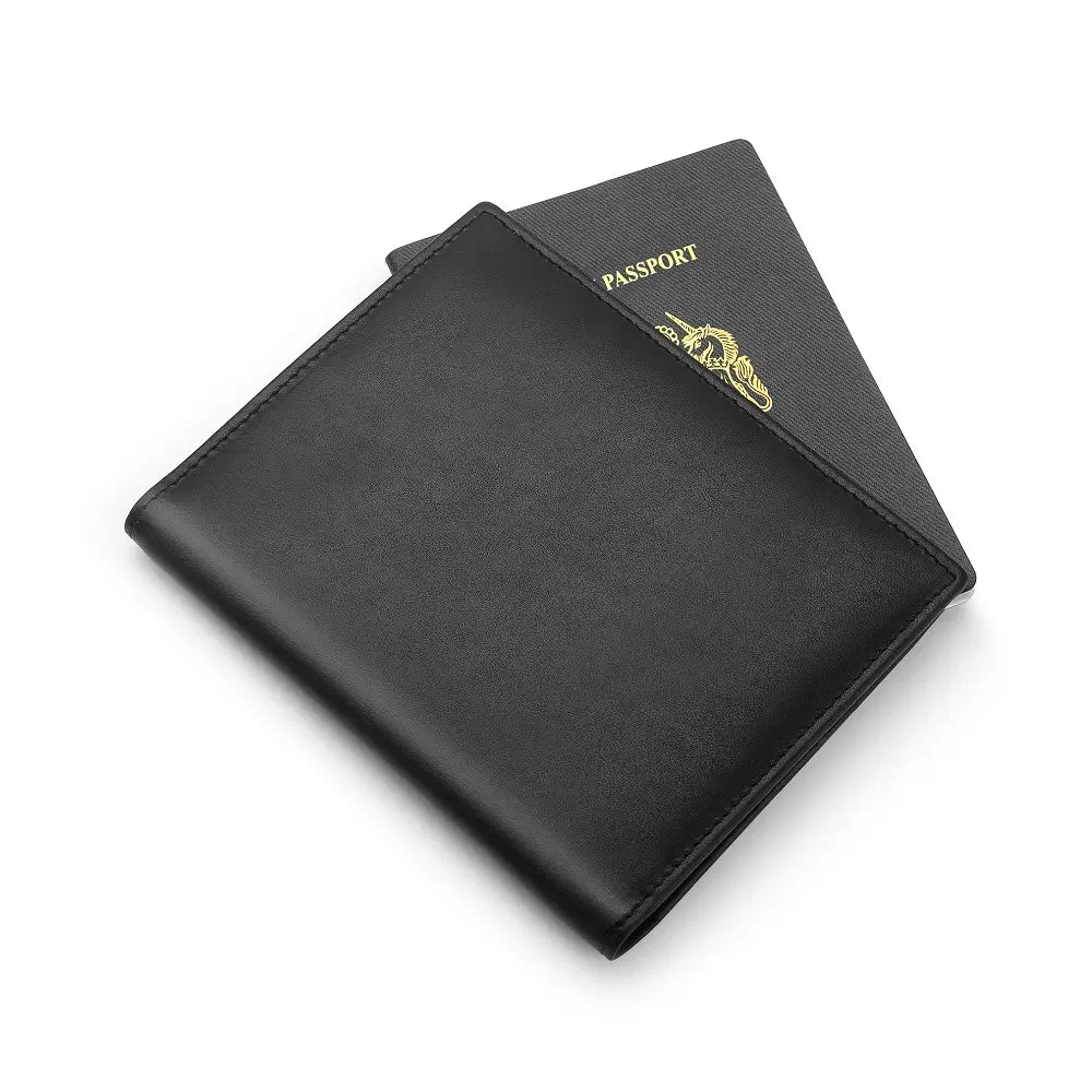 Black passport holder with gold text on a white background