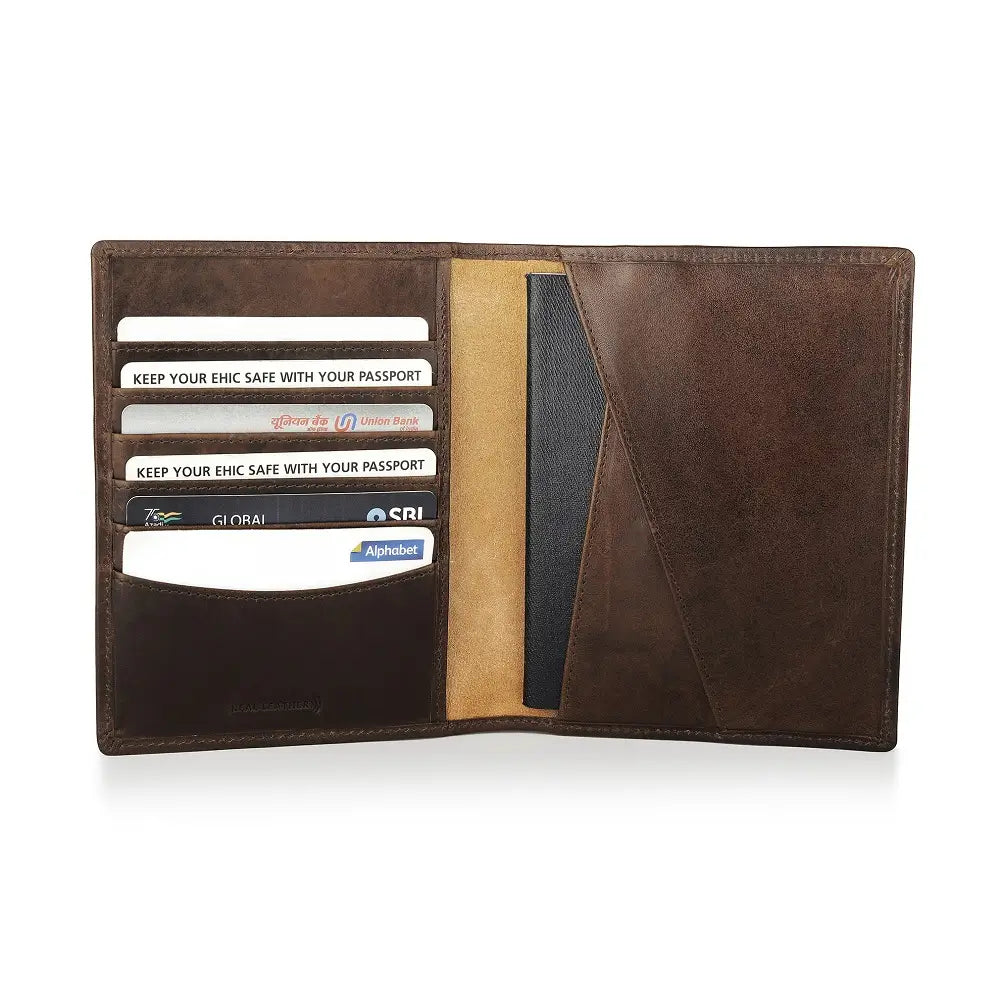 Brown leather passport holder with a passport on a white background
