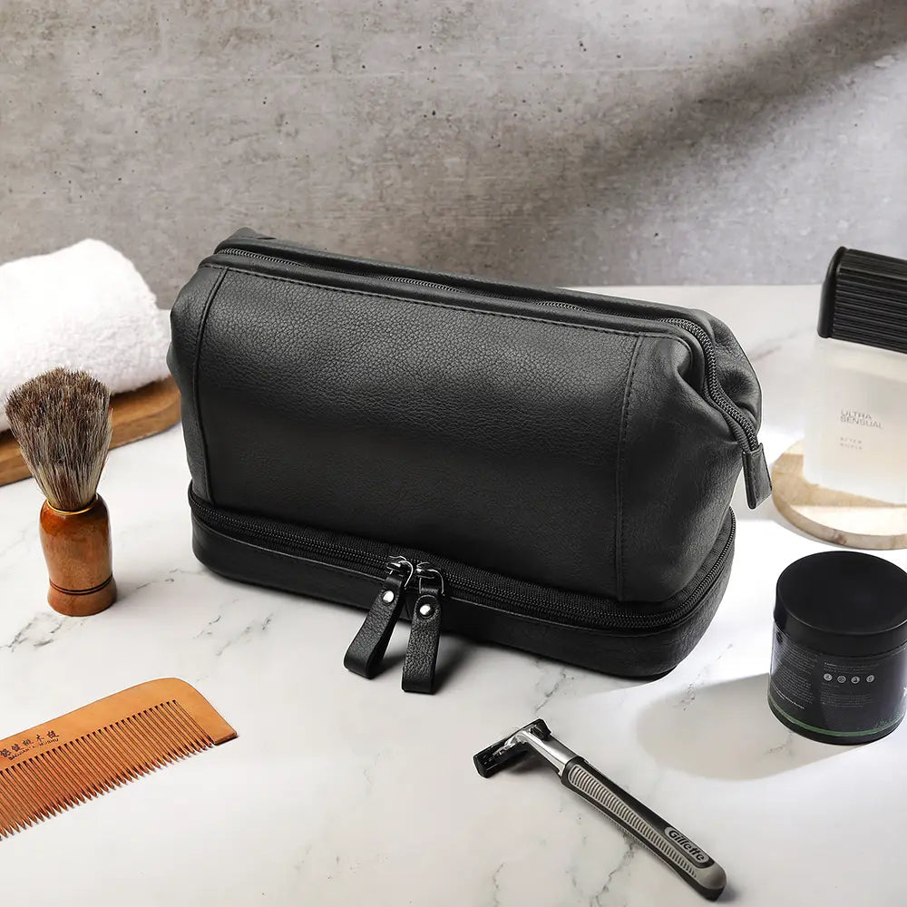 Leather Toiletry Wash Bag Black 1
