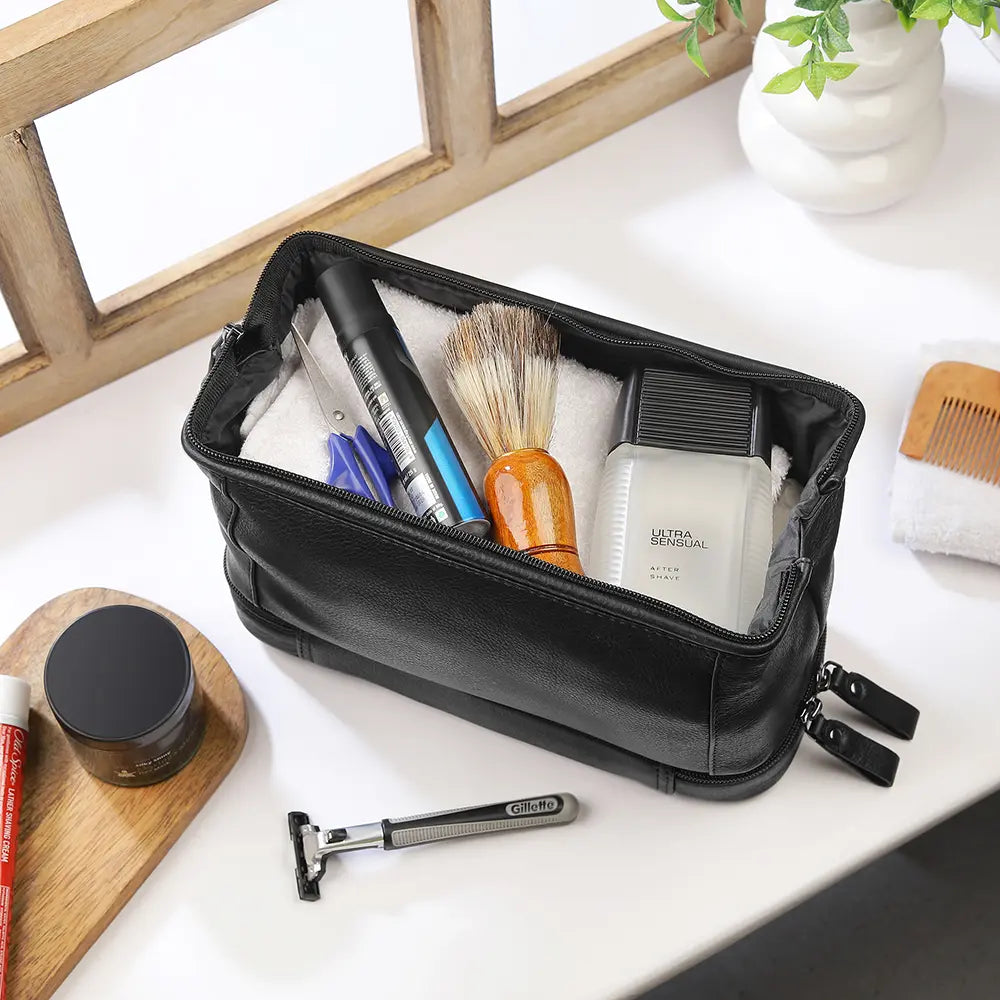 Leather Toiletry Wash Bag Black 3