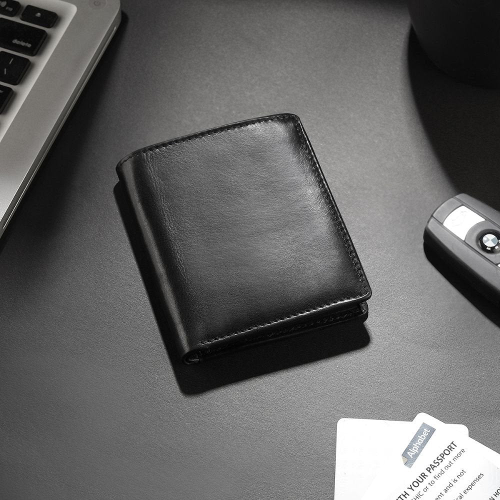 flat lay view of brown leather  wallet for men nico tuscan