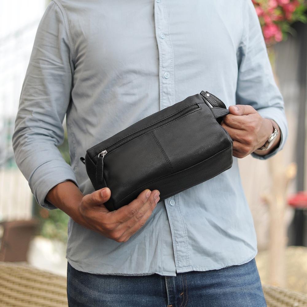 Open  view of Black leather wash bag