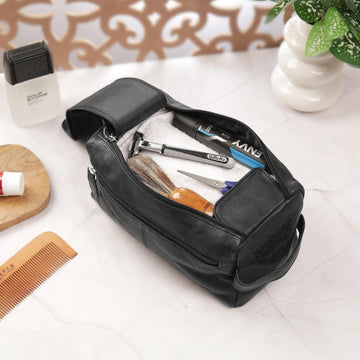 Open  view of Black leather wash bag
