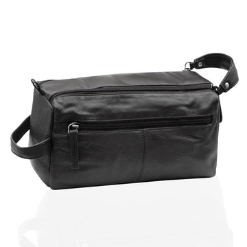 Front view of Black leather wash bag