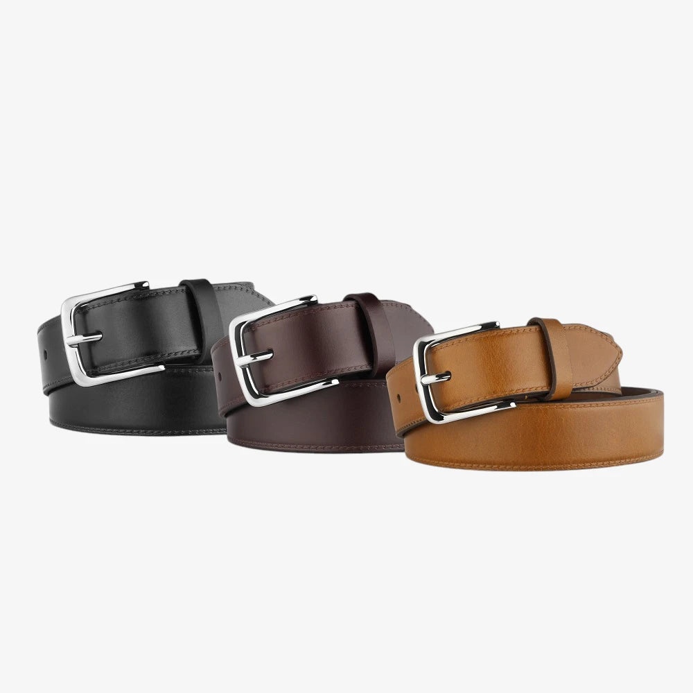 Three leather belts in black, brown, and tan on a white background