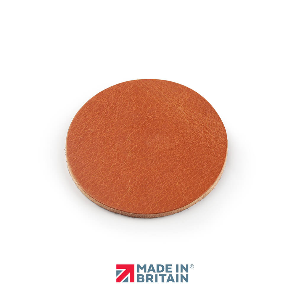 Tan handmade leather coaster, crafted in the UK