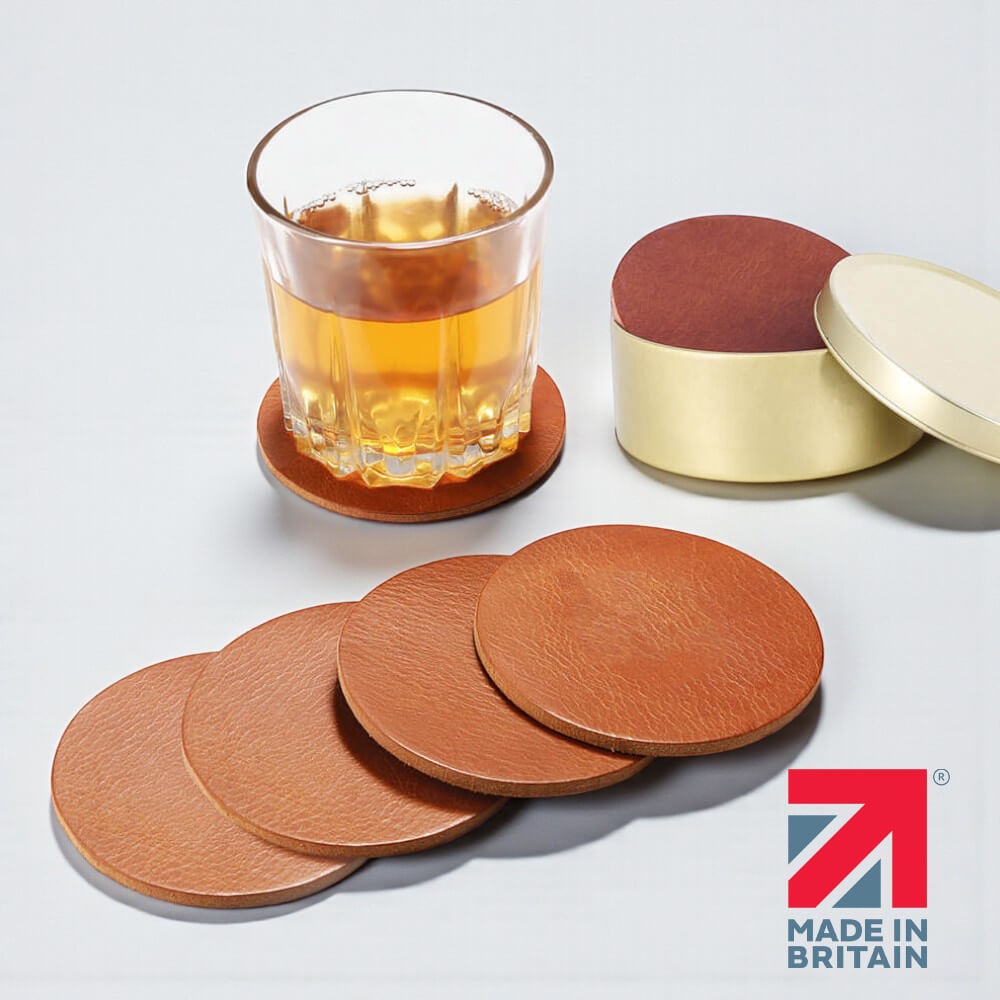 Leather Coasters Set of 6 with Gold Tin – Handmade in the UK