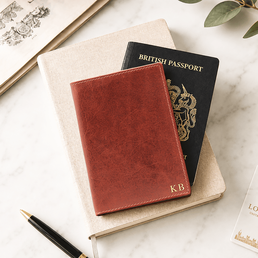 Chestnut Leather Passport Holder with Gold Embossed Initials