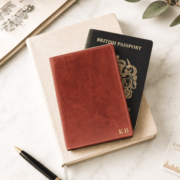 Chestnut Leather Passport Holder with Gold Embossed Initials