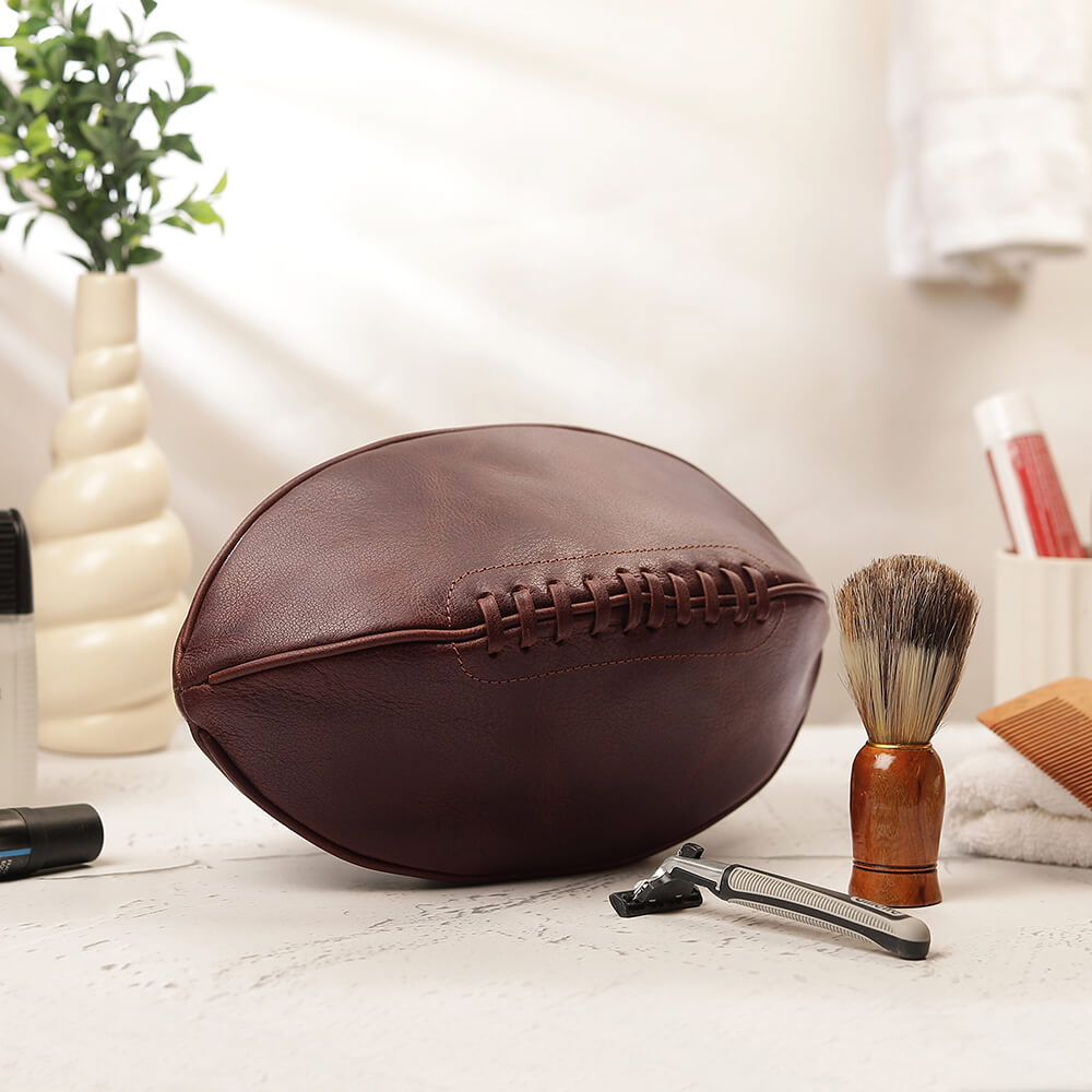 Leather Rugby Ball Wash Bag Travel Toiletry Bag for Men