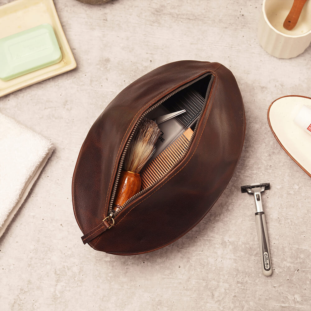 Leather Rugby Ball Wash Bag Travel Toiletry Bag for Men