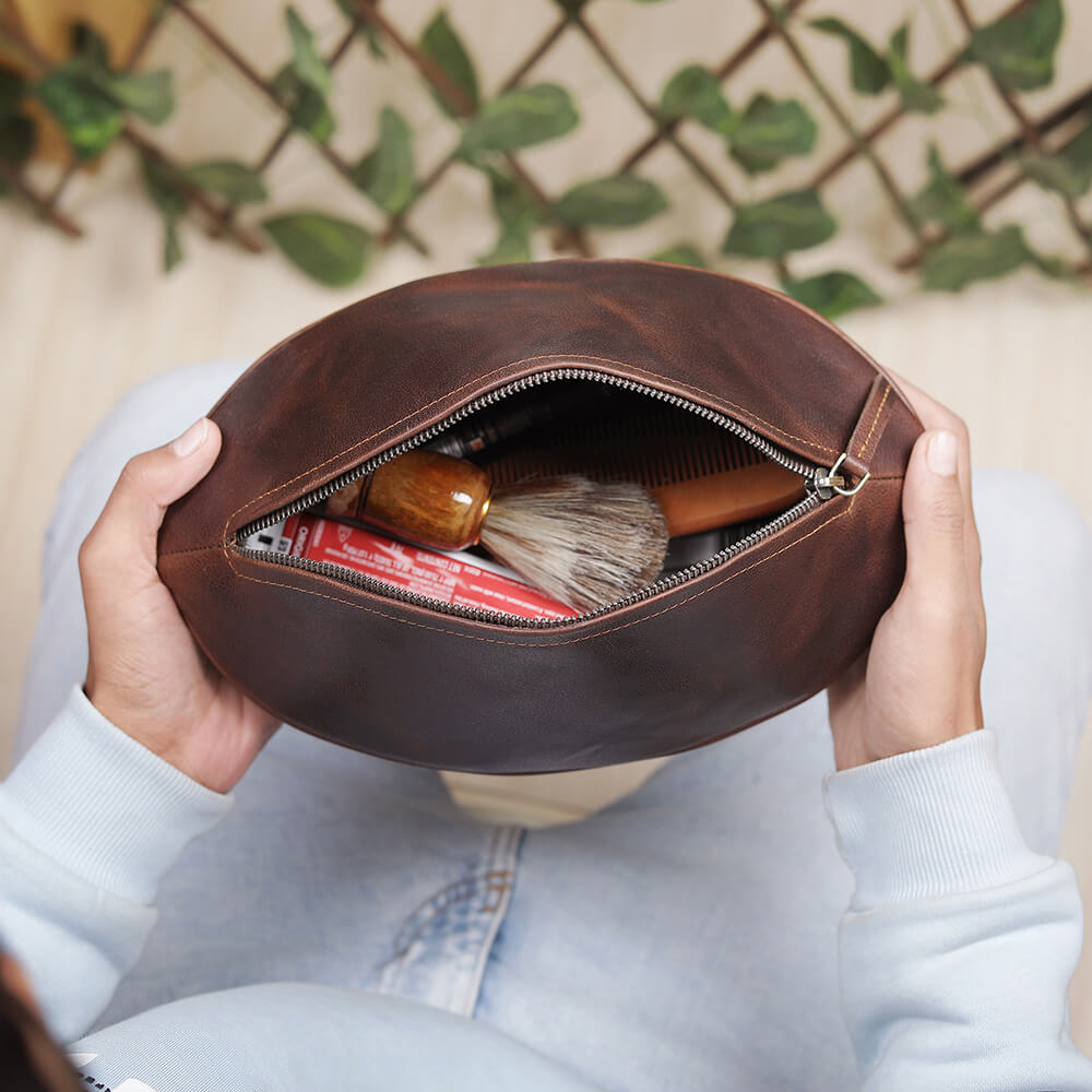 Leather Rugby Ball Wash Bag Travel Toiletry Bag for Men