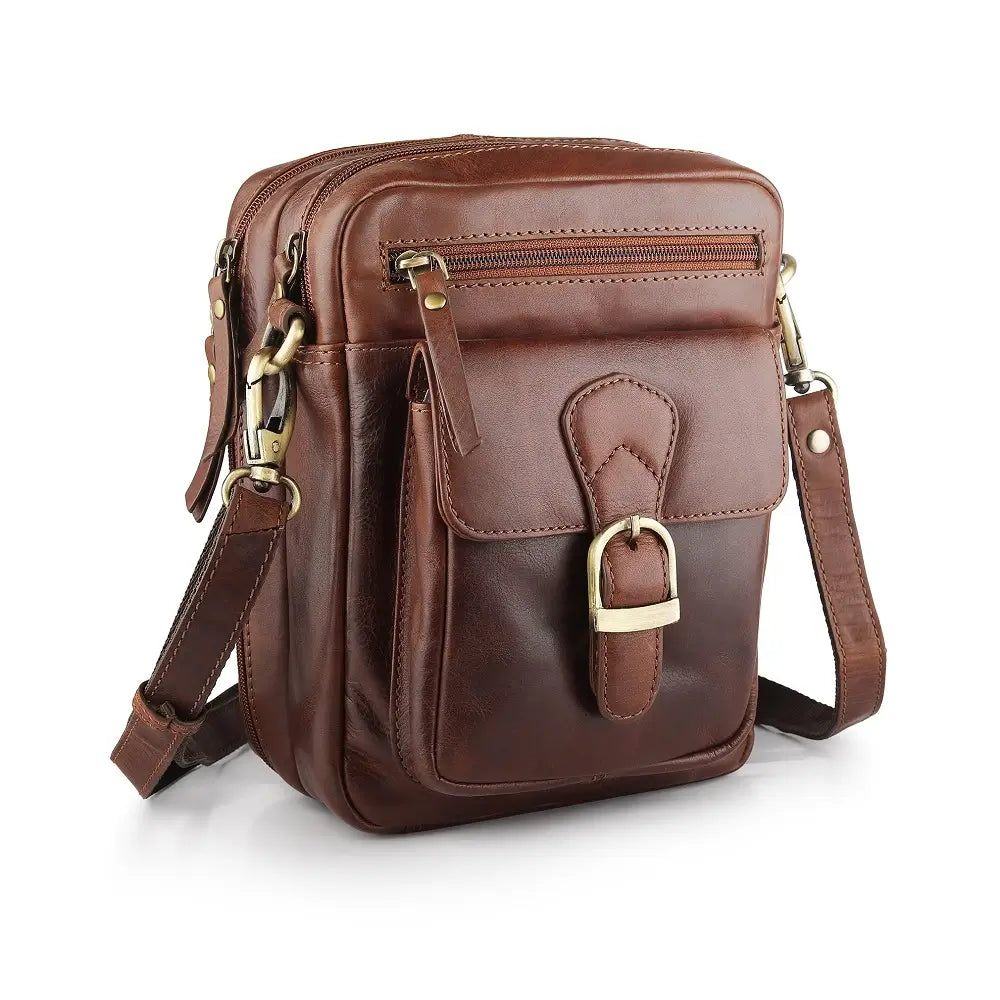 Rear view of brown leather crossbody messenger bag with zip pocket and smooth leather panel