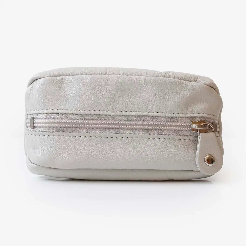 Front view of Light Grey  Small Leather Zipper Keyring Pouch on grey background