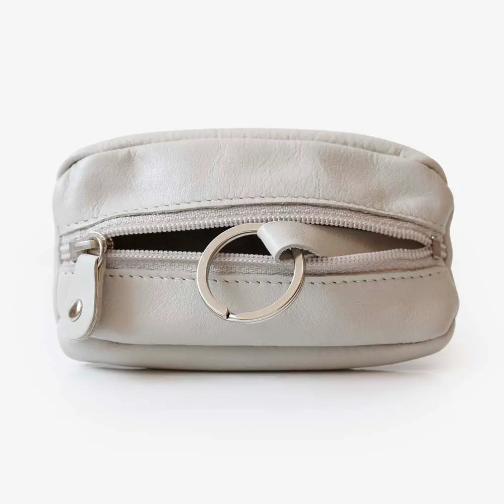 Light Grey Small Leather Zipper Keyring Pouch on grey background