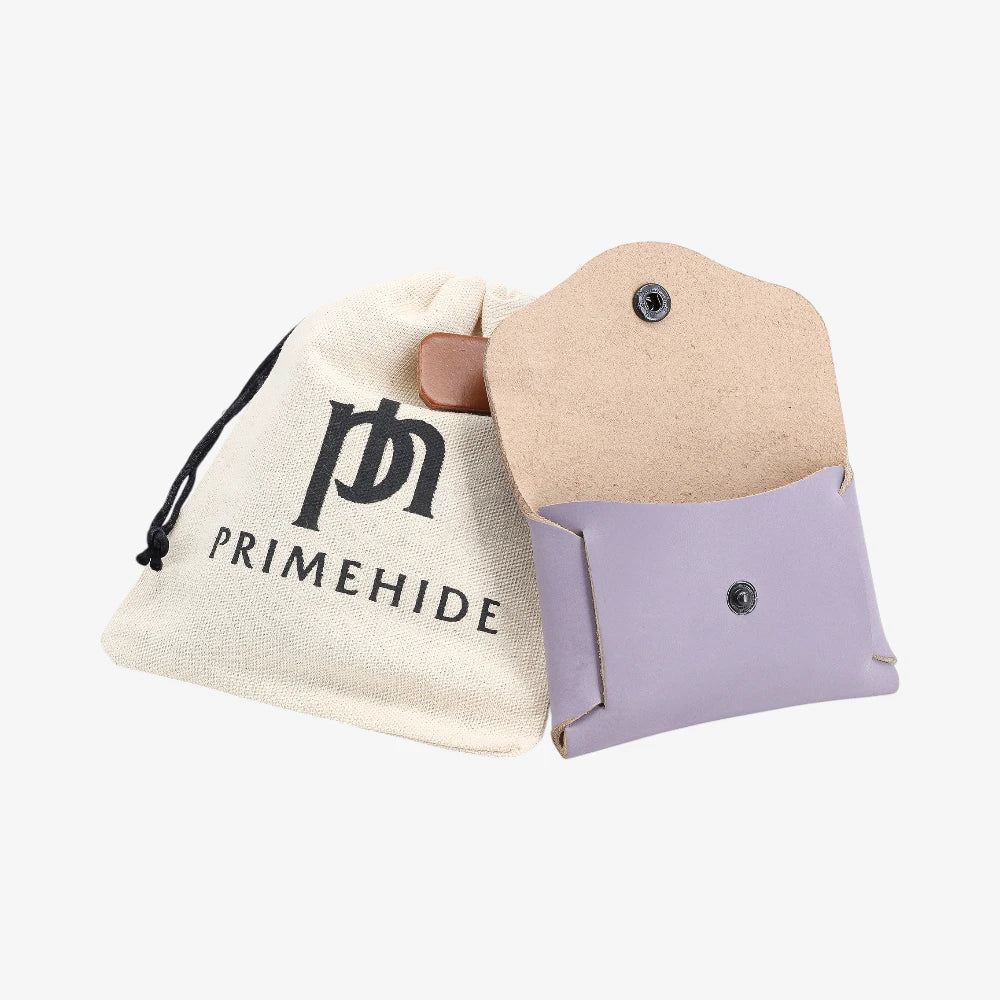 Lilac leather coin purse open view with Primehide branded drawstring pouch