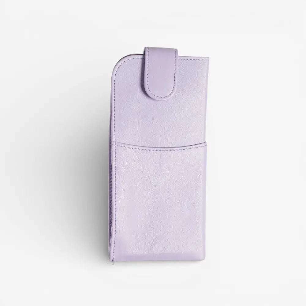 Lilac leather glasses pouch on a light gray background