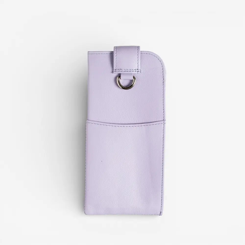 Lilac pouch with a metal ring on a light gray background