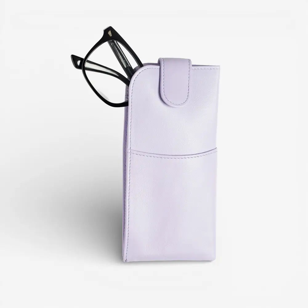 Lilac glasses case with black-framed glasses on a white background