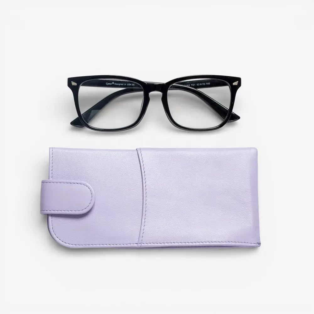 Black-framed glasses with a Lilac case on a white background