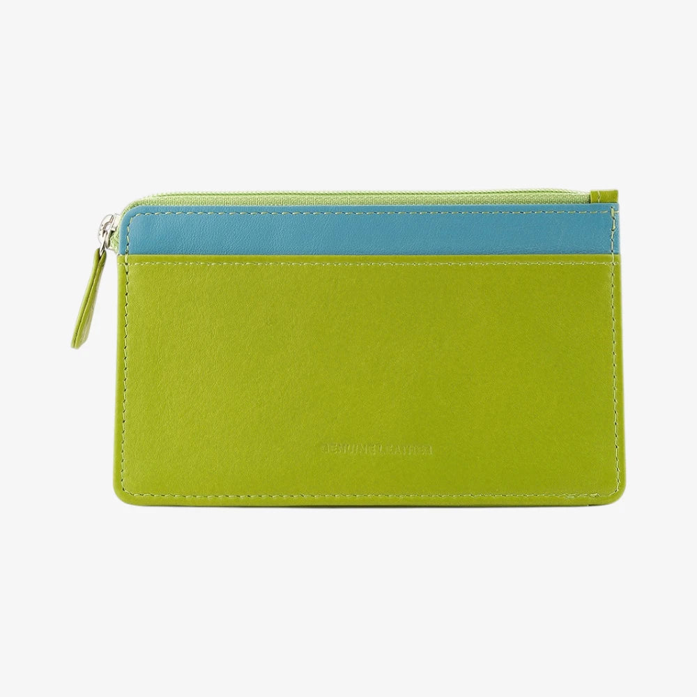 Front view of Lime Card Holder Purse with a blue interior on a white background