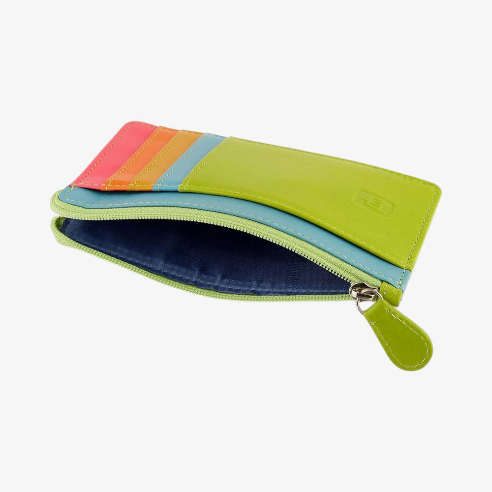 Top view of Lime Card Holder Purse with a zipper on a white background