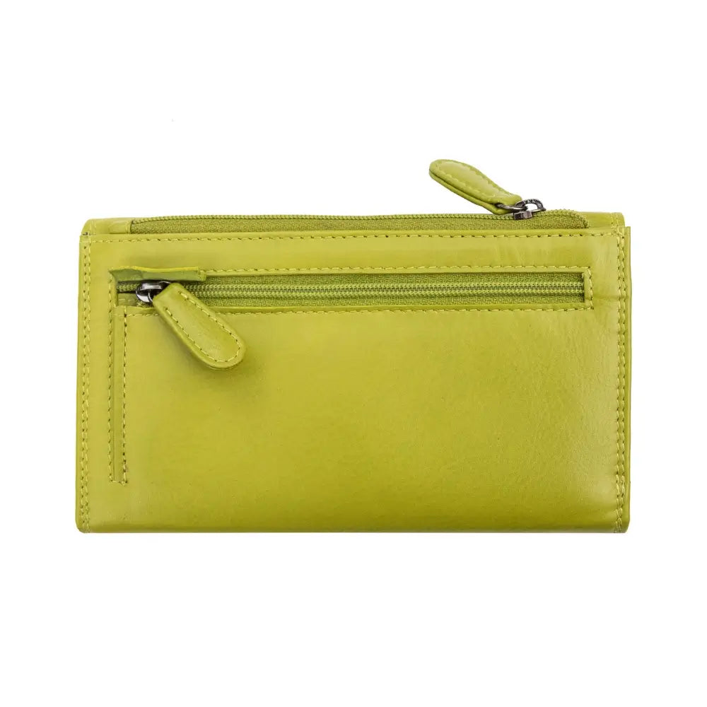 Back view of Lime wallet with a zipper on a white background