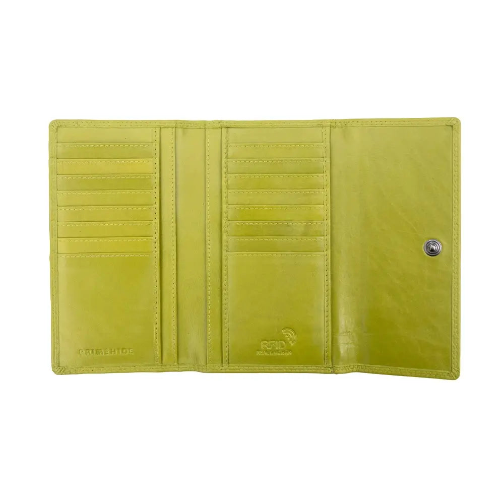 Lime leather wallet with visible brand logo on a white background