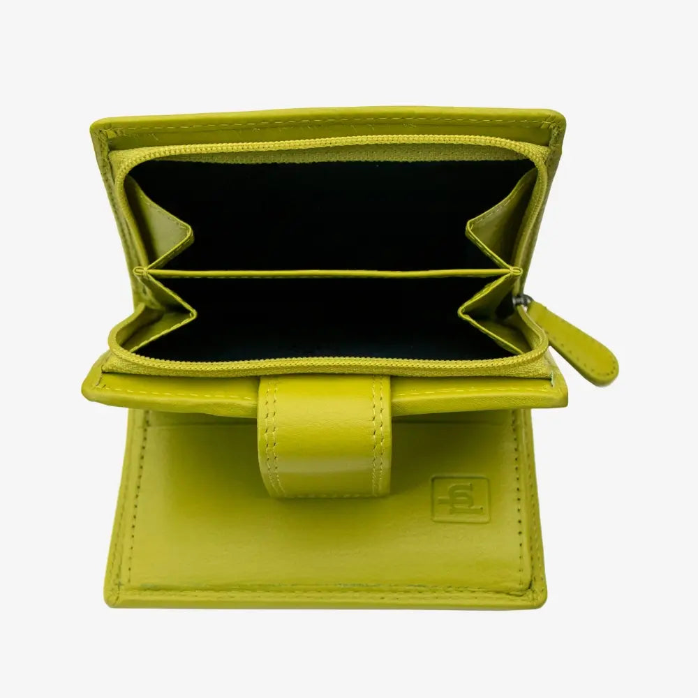 Lime wallet with a visible brand logo on a white background