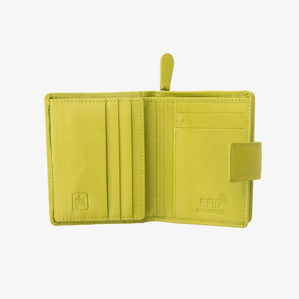 Lime wallet with visible brand logos on a white background