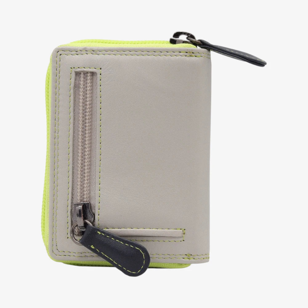 Back view of Lime wallet with green zipper on a white background