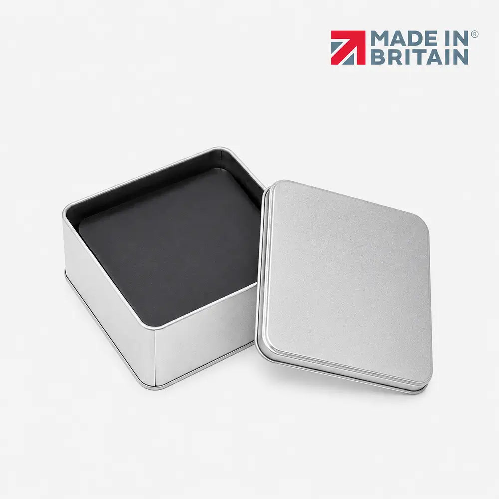Black leather coaster set for home with a mib logo on a grey background