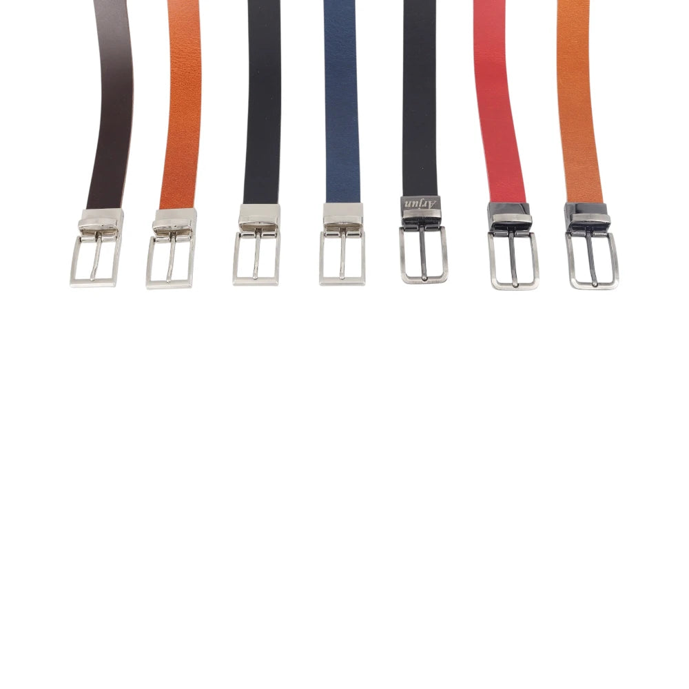 Set of colorful belts with silver buckles on a white background