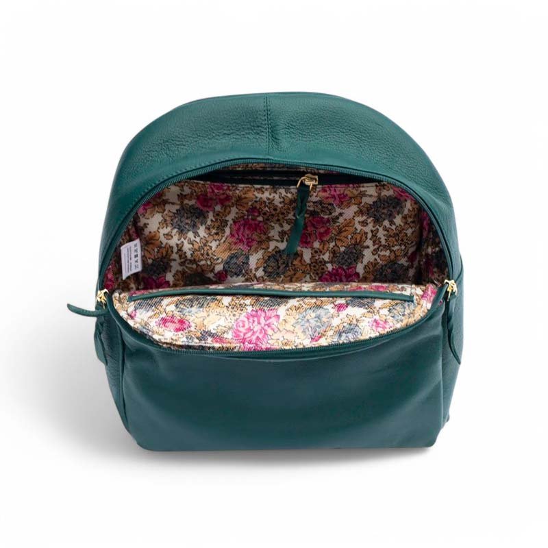 Soft leather backpack in teal with floral lining – ideal gift for her