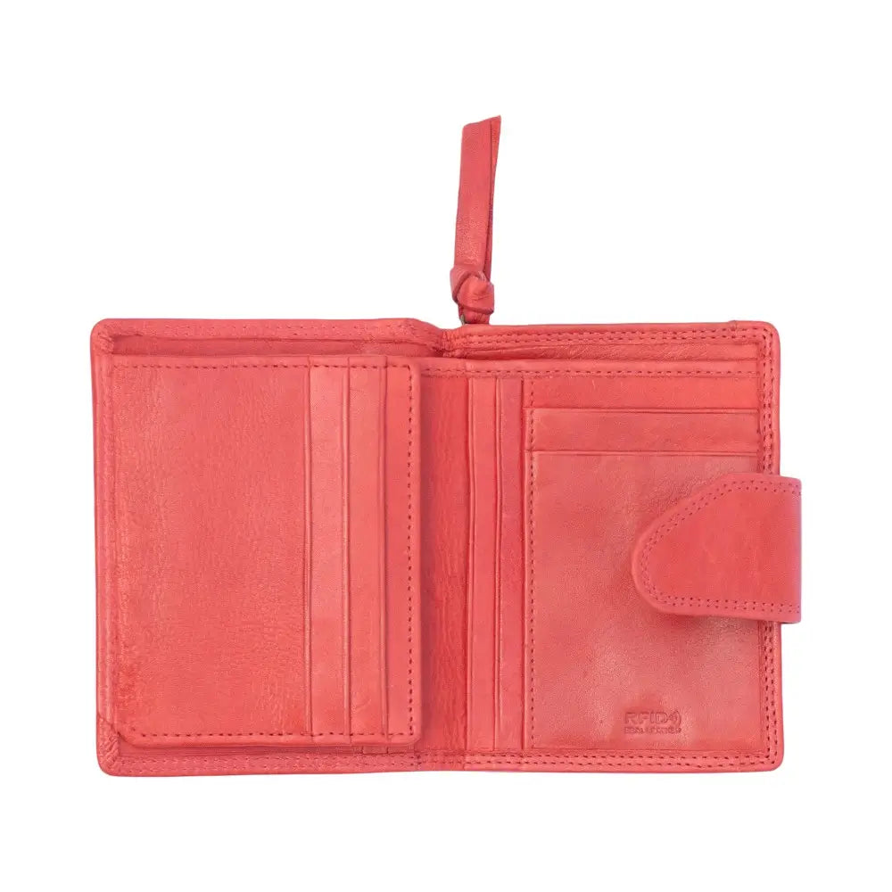 Interior of Red Paloma trifold purse showing card slots and compartments with RFID protection