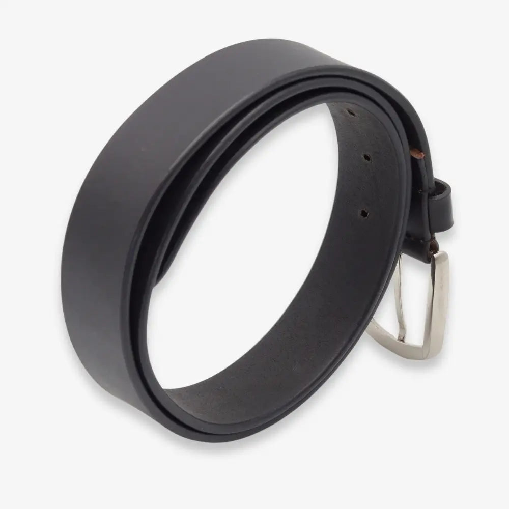 A black leather belt with a polished silver-tone metal buckle, neatly coiled on a light gray background.