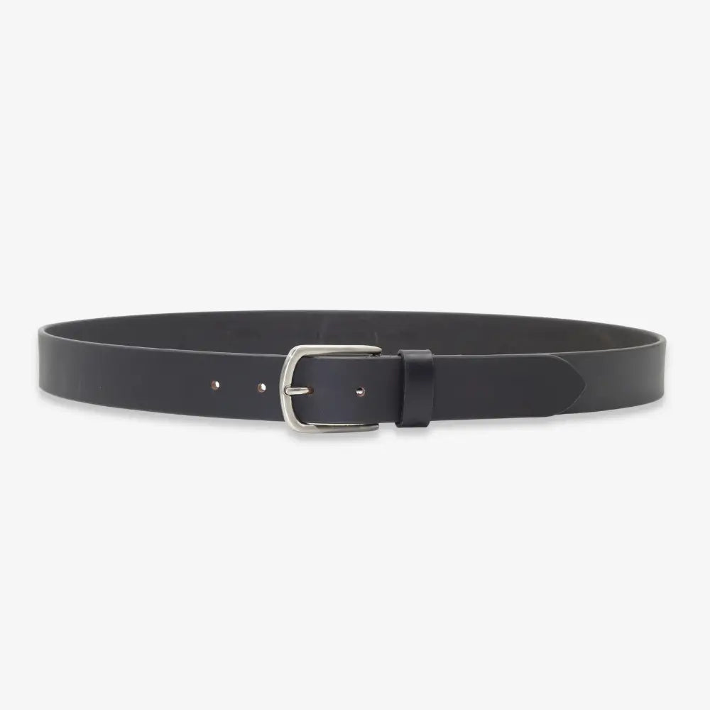 A black leather belt with a silver-tone metal buckle, displayed in a horizontal loop on a clean, light gray background.