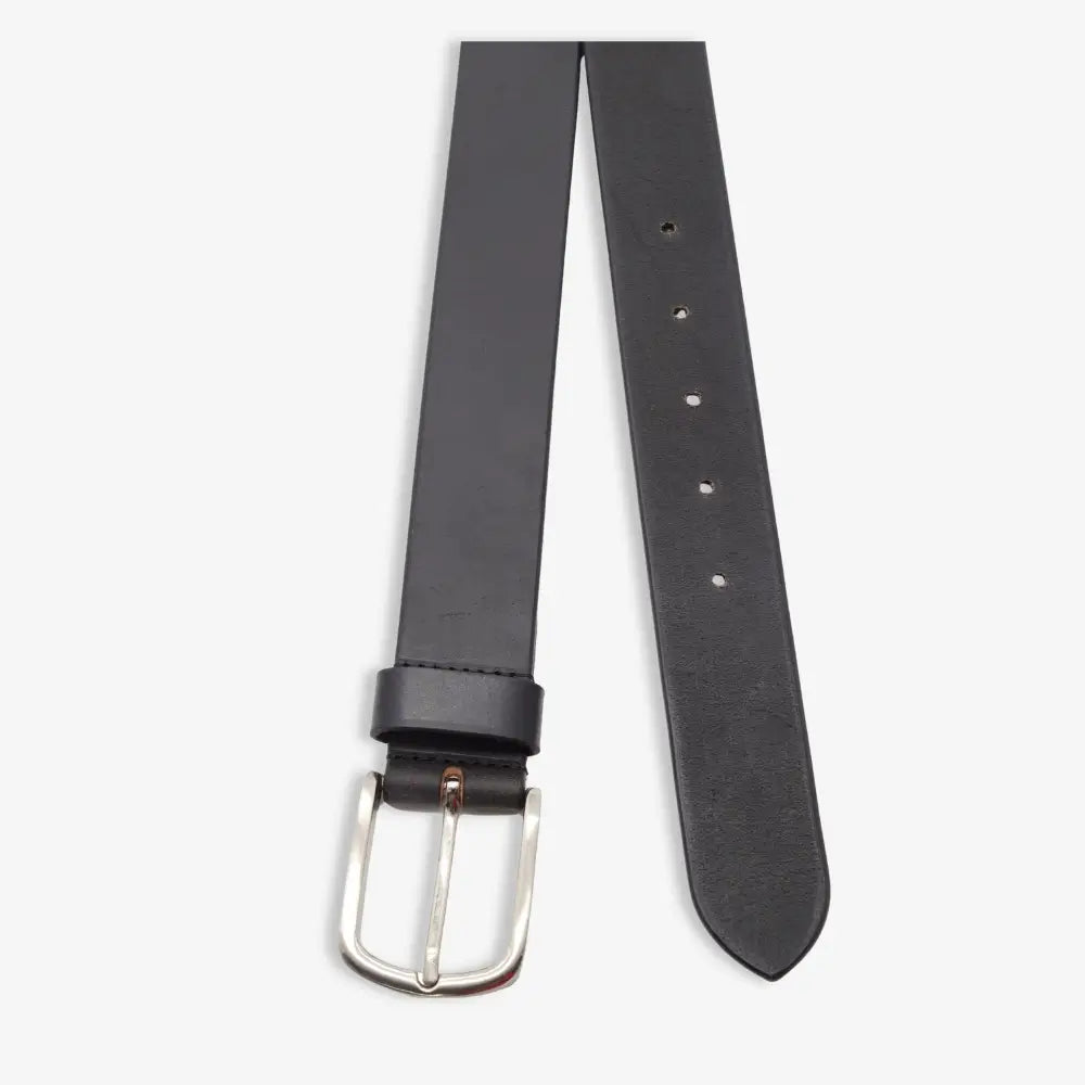 A black leather belt with a silver-tone metal buckle, shown laid flat against a light gray background.