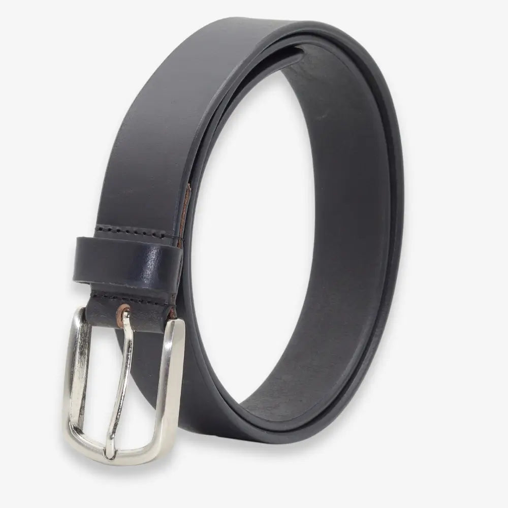 A black leather belt with a polished silver-tone metal buckle, neatly coiled on a light gray background.