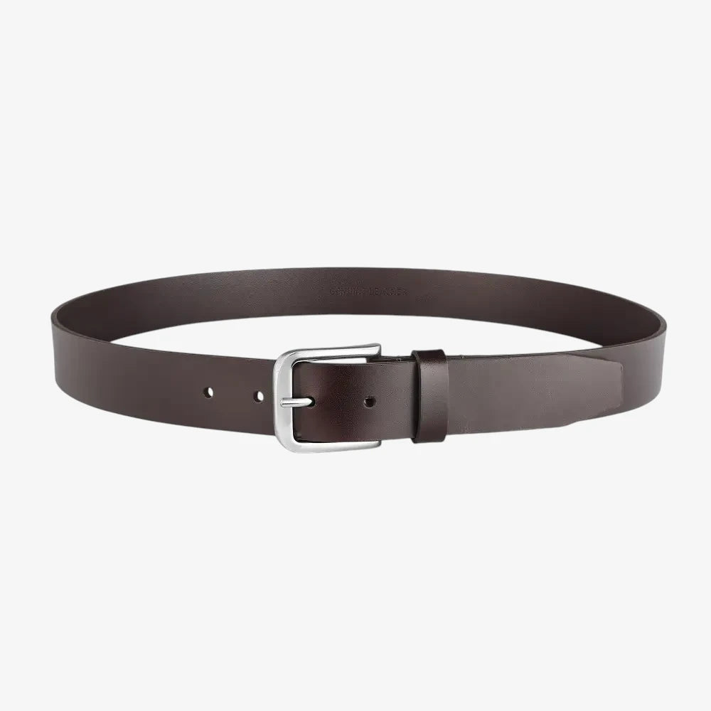 Full length view of Brown leather belt with a silver buckle on a white background