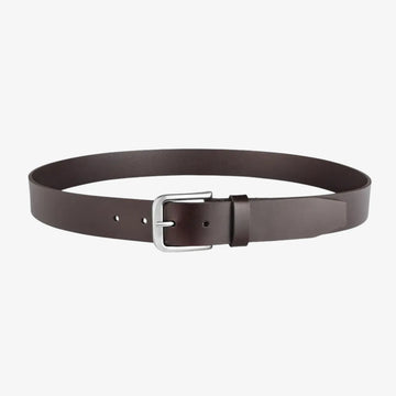 Full length view of Brown leather belt with a silver buckle on a white background
