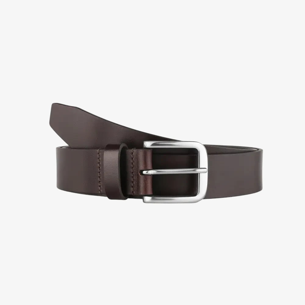 Front view of Brown leather belt with a silver buckle on a white background