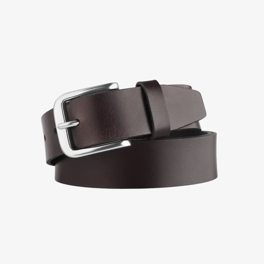Brown leather belt with silver buckle on a white background