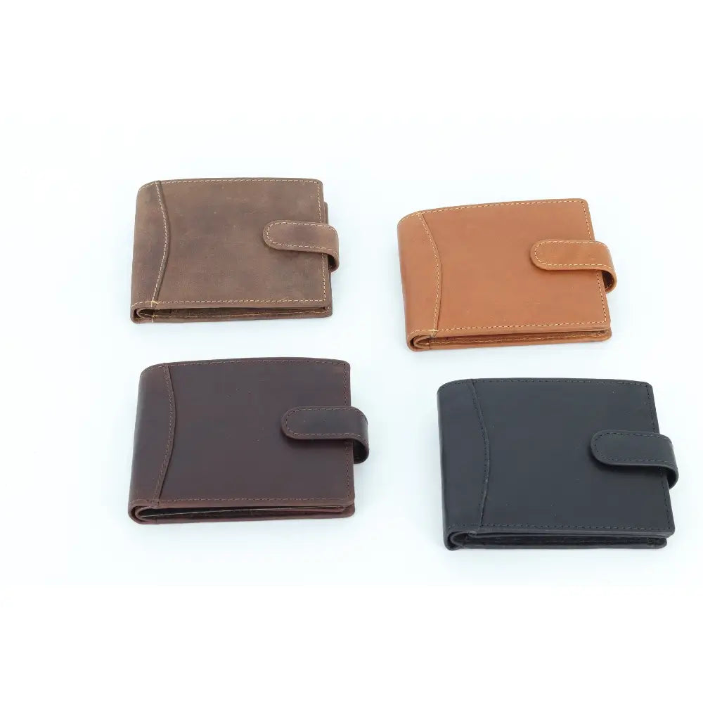 Four leather wallets in different colours on a white background