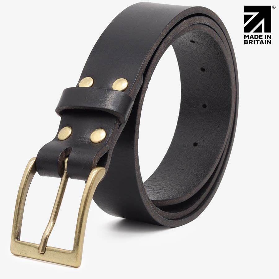 Black waxed edge full-grain leather belt 35mm with brass buckle — Made in Britain — PRIMEHIDE