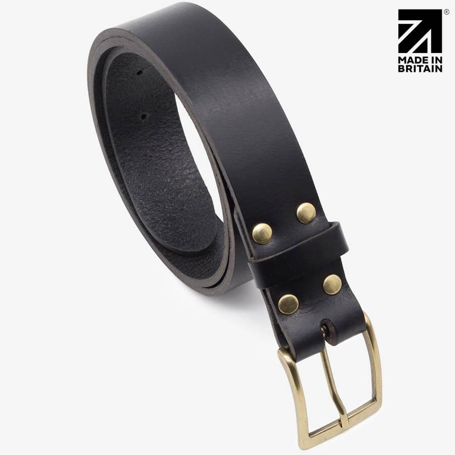 Black full-grain leather belt 35mm showing waxed edge detail — PRIMEHIDE