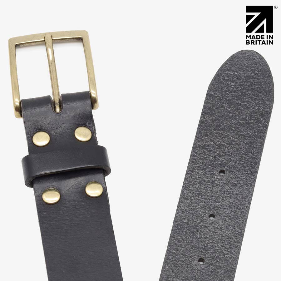 Top angle view of black waxed edge leather belt 35mm with brass pin buckle — PRIMEHIDE