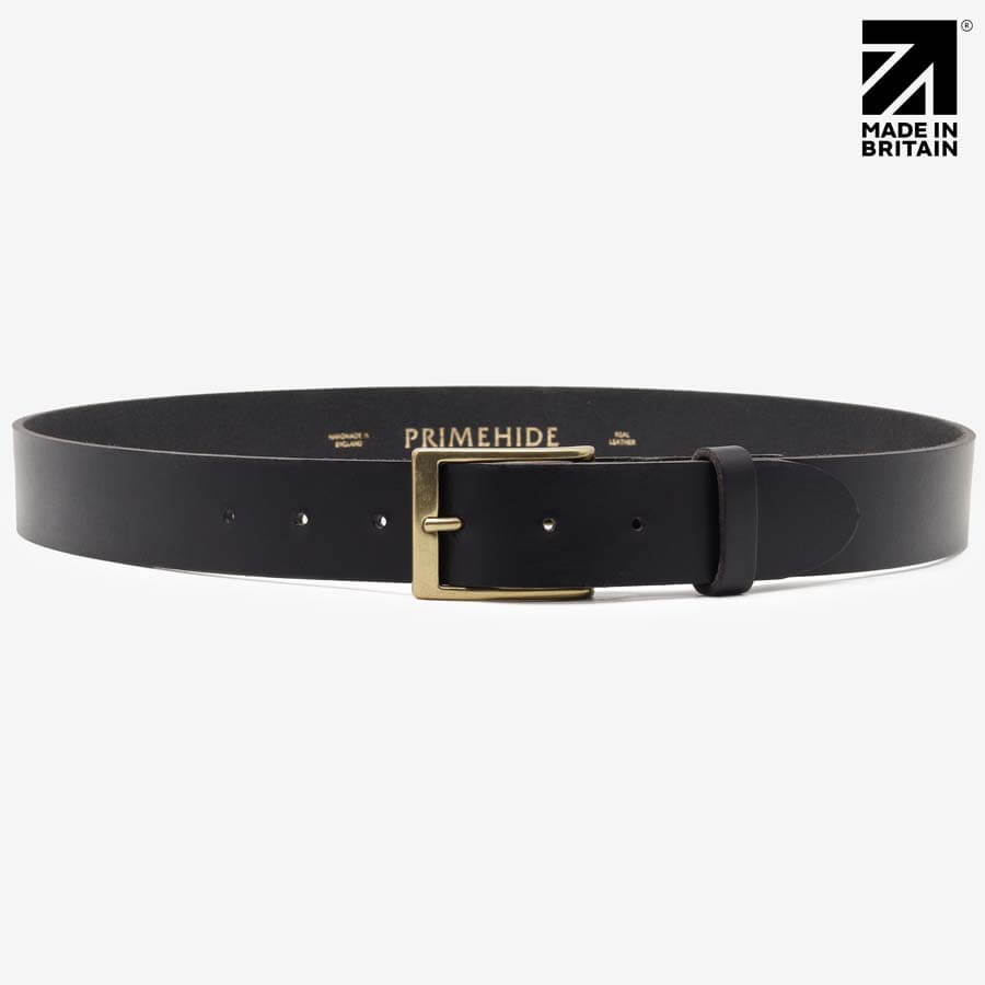 Full length view of black full-grain leather belt 35mm — Made in Britain — PRIMEHIDE