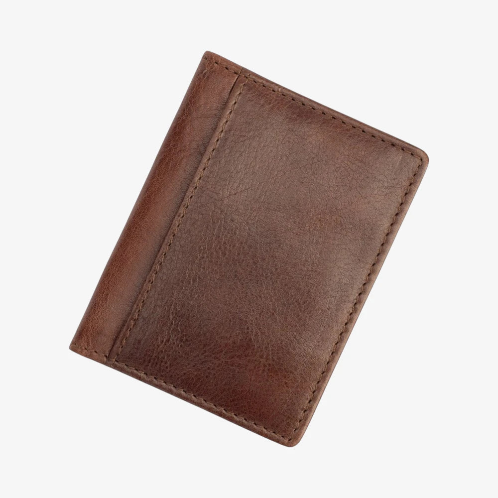 Front view of Brown leather wallet on a white background