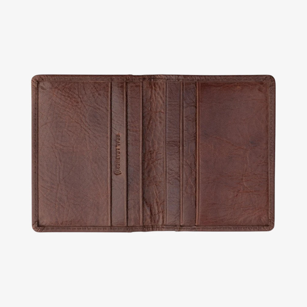 Open view of Brown leather wallet on a white background